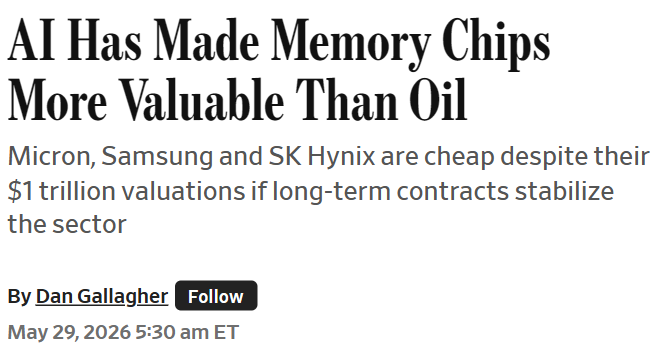 TradexWhisperer's tweet photo. $MU $DRAM $SNDK WSJ Article

"AI Has Made Memory Chips More Valuable Than Oil"

"Micron, Samsung and SK Hynix are cheap despite their $1 trillion valuations if long-term contracts stabilize the sector"

"SK Hynix has stated that demand far exceeds its production capacity for the next three years, especially for high-bandwidth memory (HBM) used in AI accelerators."

"Memory was historically a volatile commodity business with brutal boom-bust cycles. AI (via insatiable needs for specialized HBM) has created higher-margin, more stable demand through long-term contracts with hyperscalers."