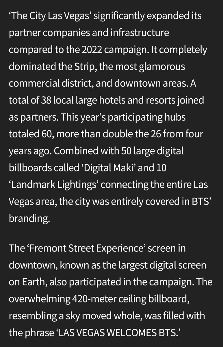 shadow_twts's tweet photo. According to the Las Vegas Tourism Authority, @BTS_twt is the First Single Artist for whom the entire city mobilized in a "city-wide activation" (excluding mega sports events).

- 38 hotels and resorts
- 60 hubs 
- 50 digital billboards
- 10 landmark lightings https://t.co/qgiFSKuAaT