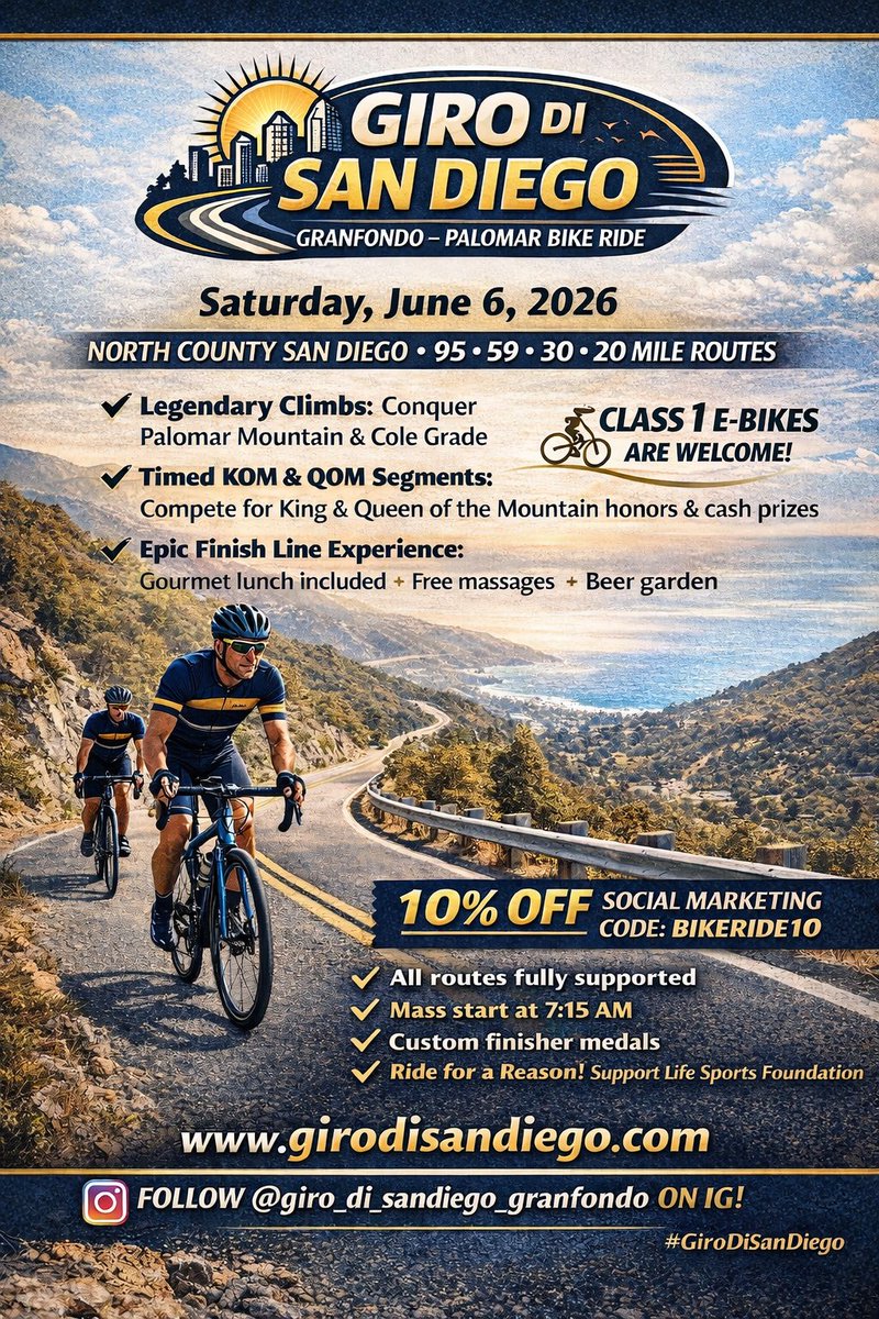 KozEvents's tweet photo. 🚴‍♂️ PALOMAR IS CALLING… ARE YOU ANSWERING? 🔥
📅 Saturday, June 6, 2026
🚵 95 • 59 • 30 • 20 Mile Options
⚡ Class 1 E-Bikes are welcome
Use code BIKERIDE10 to save 10% 💥
https://t.co/hUzQfkZqgB
#GiroDiSanDiego #PalomarMountain #GranFondo #CyclingC... https://t.co/0DvY9xaGX5