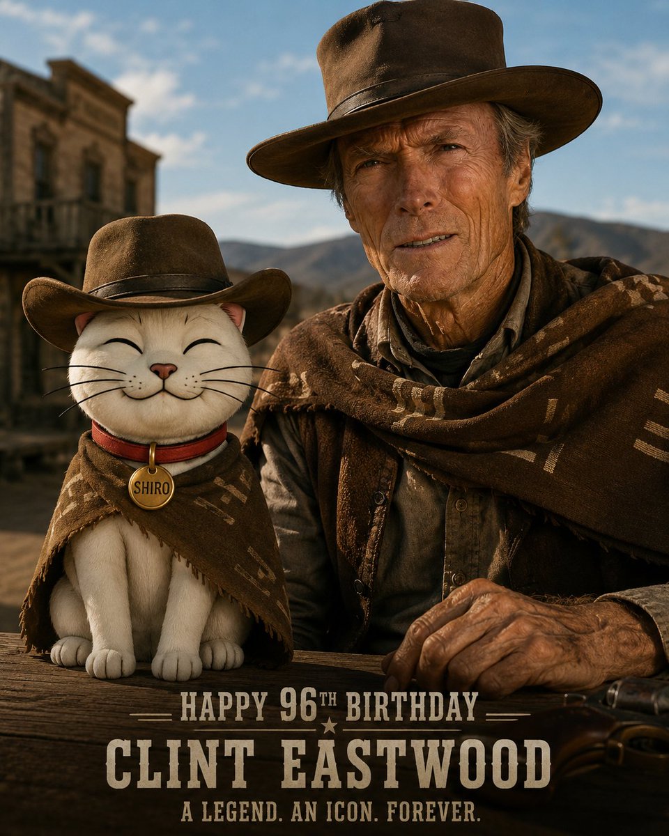 Robsonarceno's tweet photo. A legend. An icon. Forever. 🤠🐾

Today, $SHIRO pays tribute to Clint Eastwood on his 96th birthday — one of the most iconic figures in cinema history.

From unforgettable westerns to timeless characters, his legacy continues to inspire generations.

Some legends don’t need to chase time.

They become part of it.

Happy 96th birthday, Clint Eastwood.

$SHIRO #SHIRO #ClintEastwood #Cinema #Legend #Western #CryptoCommunity