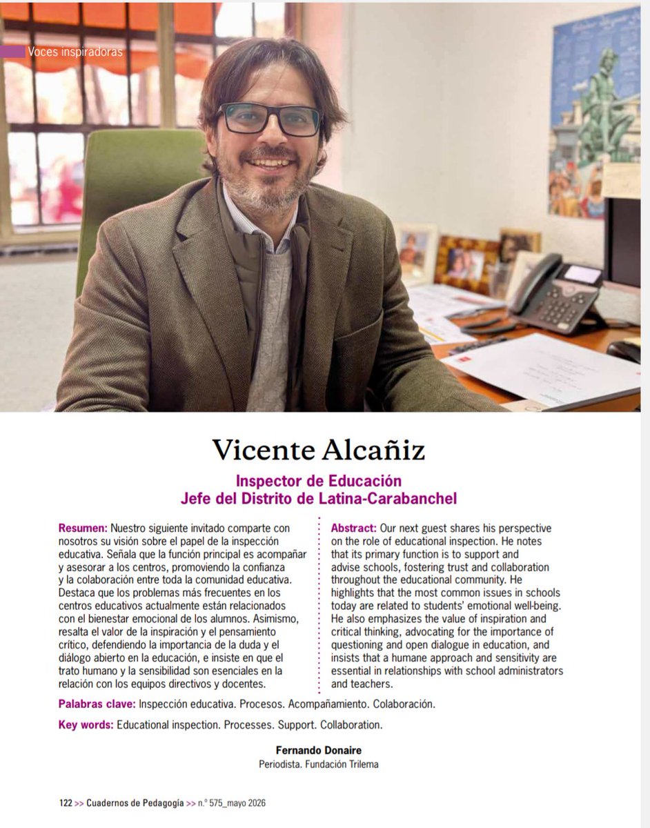 vicente_alcaniz's tweet photo. Muy agradecido a @fdonaire72 @CuadernosP por la amable entrevista y por un estupendo rato de conversación sobre educación. Destaco el trabajo del SIE Madrid-Capital y, en especial, de mis admiradas/os compañeras/os del D8, en este esfuerzo compartido y conjunto https://t.co/tDQDKMnBLJ