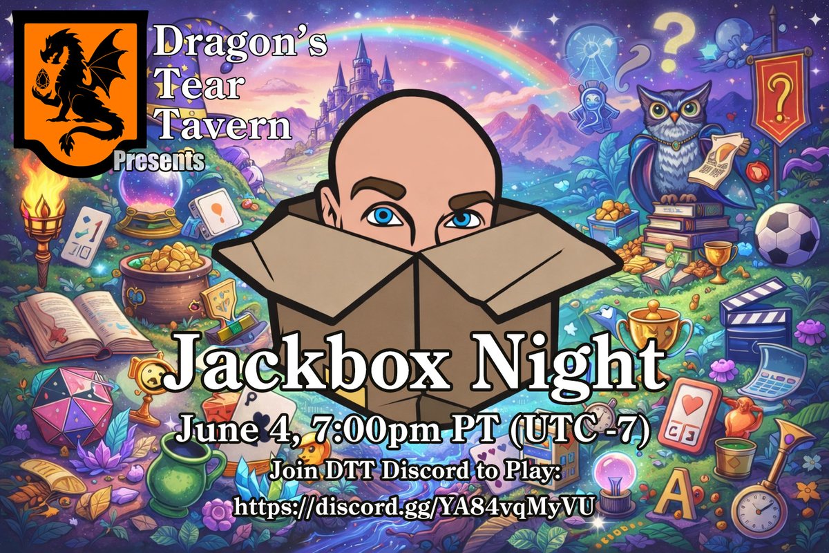 DTTGames's tweet photo. Join us on June 4 for a night of hilarity playing assorted Jackbox games. Jump into Discord voice channel (https://t.co/7LRl6P7BEy) for instructions at 7pm PT (UTC -7) and grab your phone / tablet / PC and join us in these side-splitting games. https://t.co/fF8GGJa7Kw