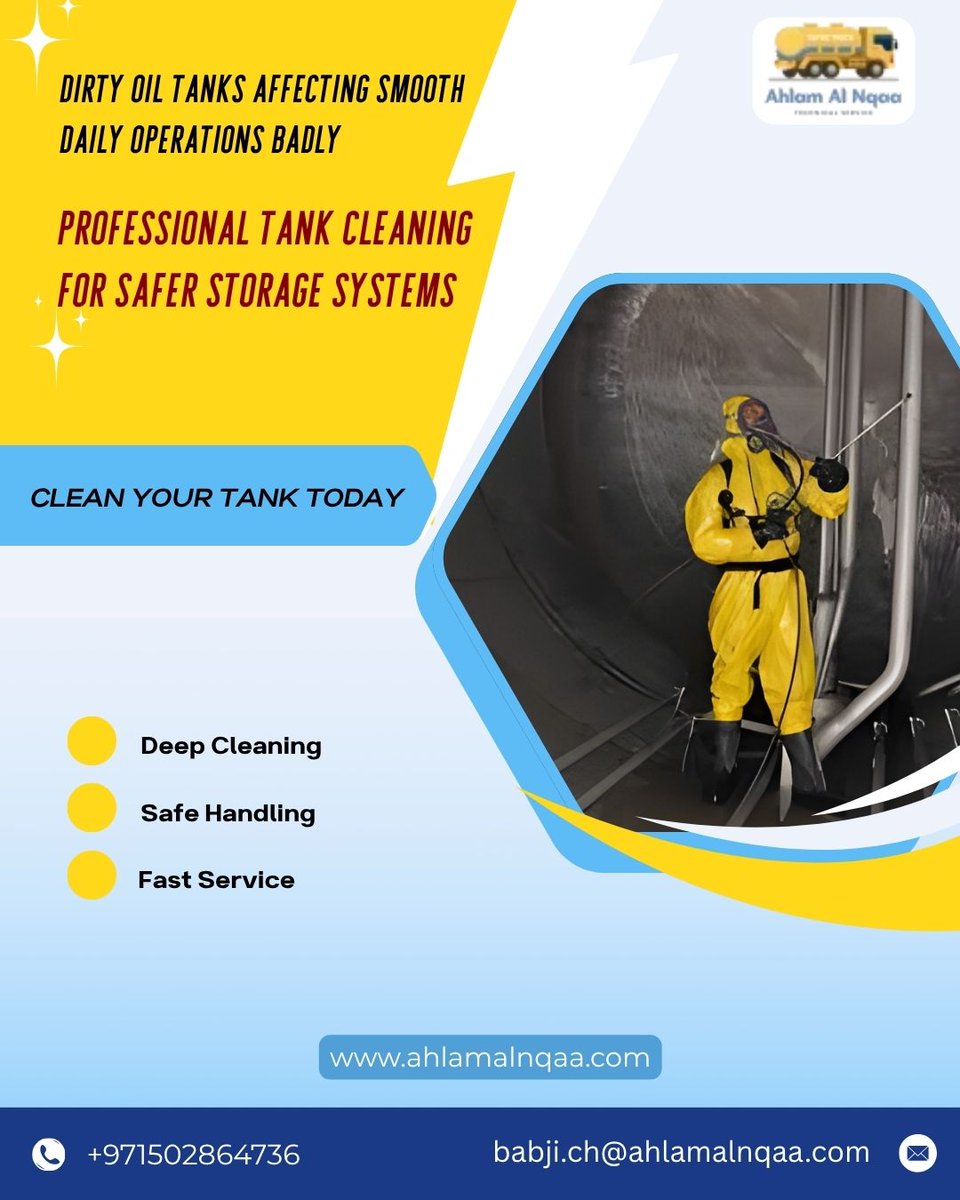 ahlamalnqaa's tweet photo. Regular tank cleaning helps prevent buildup, maintain efficiency and extend the life of your storage systems. Trust Ahlam Al Nqaa for professional cleaning services that keep your operations running smoothly.
https://t.co/s2xUJdmwKA
#AhlamAlNqaa #OilTankCleaning #SafeOperations https://t.co/0lwC4K7m6y