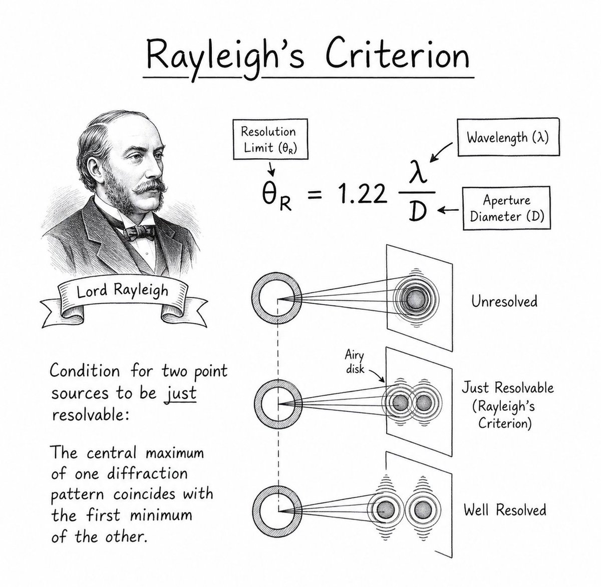 cosmosarcive's tweet photo. Why can't telescopes see infinitely small details?

Rayleigh's Criterion gives the limit of what an optical system can distinguish:

θ = 1.22 λ / D

A larger aperture means better resolution. A longer wavelength means less detail. This simple equation defines the sharpest view a telescope or microscope can achieve.