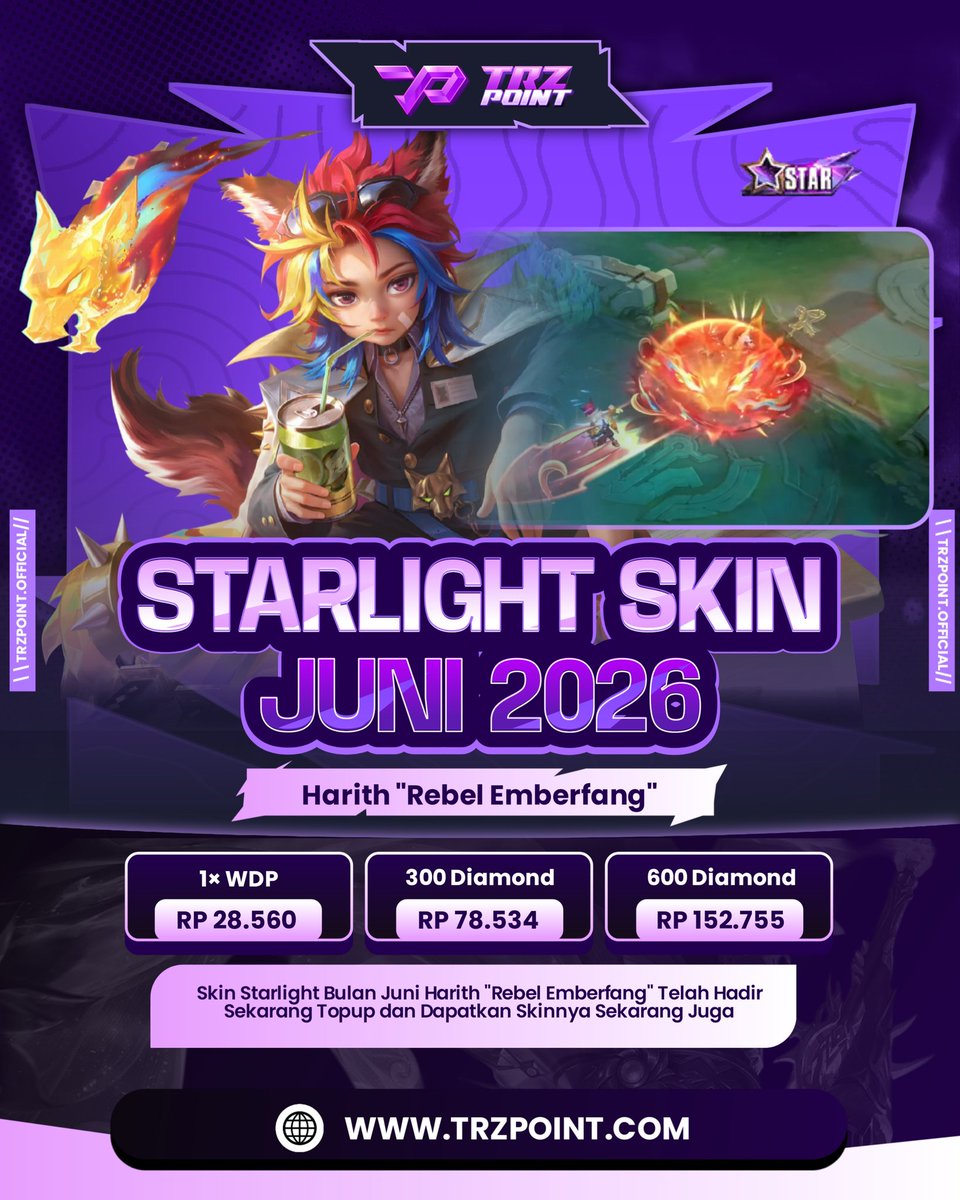 TrzPoint's tweet photo. 🔥 Harith "Rebel Emberfang" resmi hadir sebagai Starlight Skin Juni 2026! 🦊⚡
Tampil dengan gaya rebel yang unik, efek skill memukau, dan animasi eksklusif yang siap membuat Harith semakin standout di Land of Dawn ✨
#trzpoint #mobilelegends #harith #starlightskin #mlbb https://t.co/gGAS5sMuYX