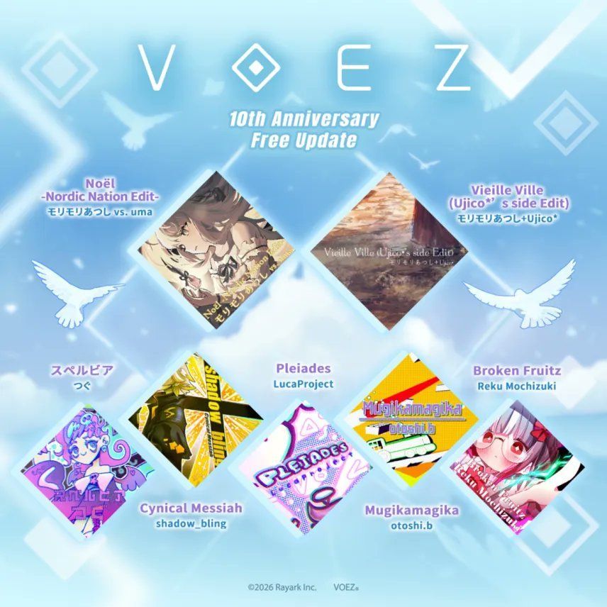 DancerZone's tweet photo. 🎉 ¡10 años de VOEZ!

🎶 Noël (Nordic Nation Edit)
🎶 Vielle Ville (Ujico* Side Edit)

📻 Cosmic Radio 2025 llega el 26/5 con 5 canciones del concurso.

¡Feliz aniversario!

#VOEZ #RhythmGames #Rayark https://t.co/vkLkuNjTtl