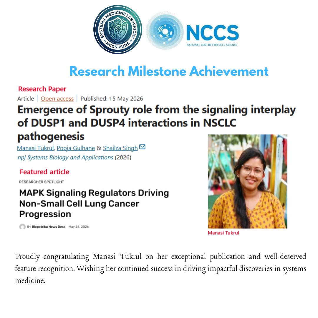 SML_NCCS's tweet photo. We proudly celebrate Ms. Manasi Tukrul for her exceptional accomplishments in research, marked by her recent publication and feature recognition. https://t.co/rbS7pabxia