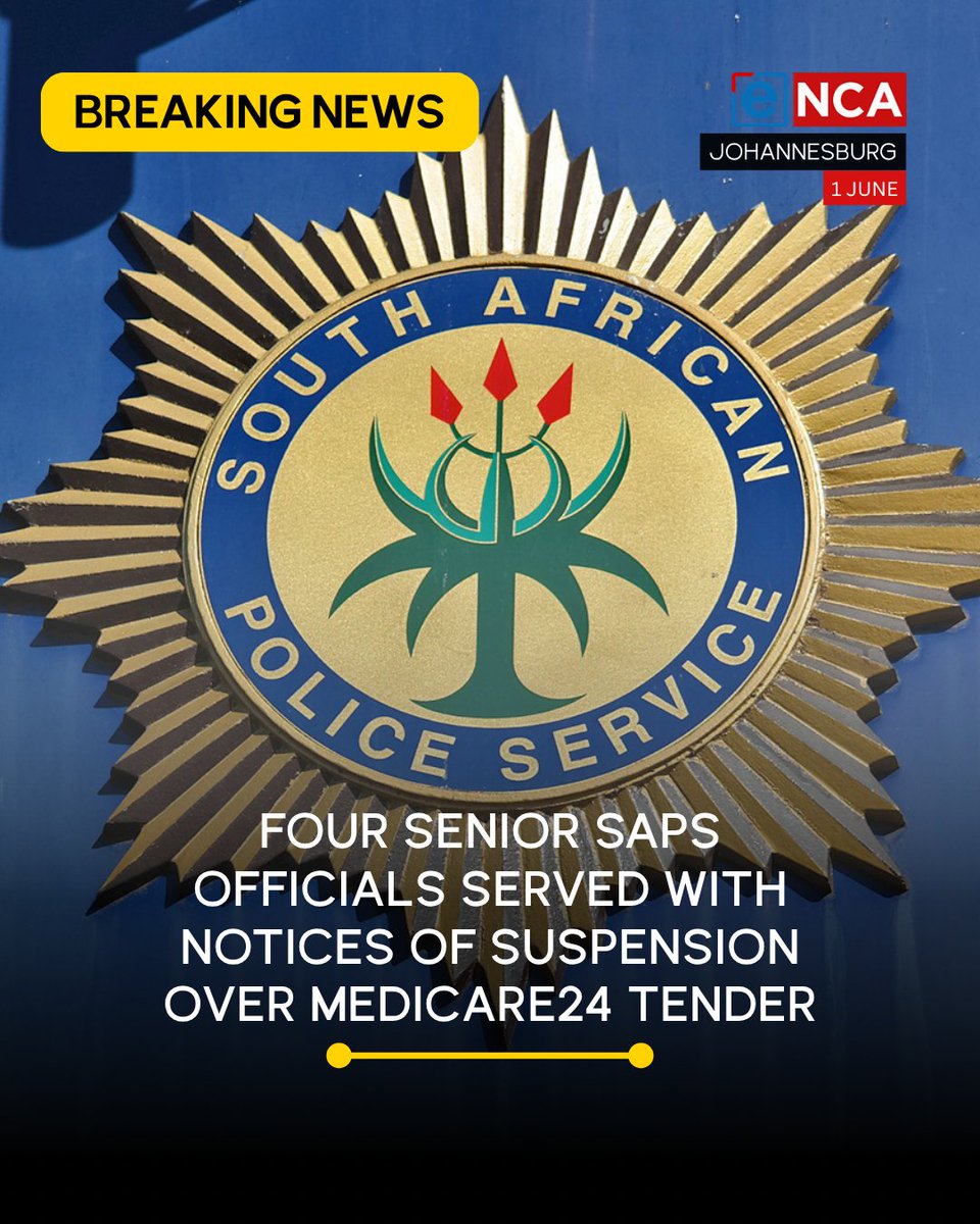 eNCA's tweet photo. [BREAKING] Four senior police officials have been served with notices of suspension, as part of a widening probe into the irregular awarding of a multi-million rand police health management contract. Tune in to #eNCA, channel #DStv403 https://t.co/IY3JOlN7ia