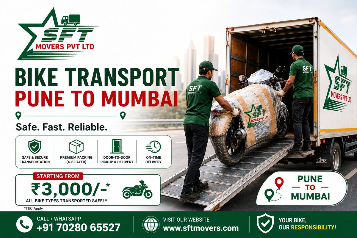 SftMovers's tweet photo. Bike Transport Services Pune To Mumbai 
More information:- https://t.co/xwz3aqfPye 
#BiketransportPunetoMumbai 
#TwoWheelerTransport #sftmovers 
#PunetoMumbaiCharges 
#bikeshiftingservice https://t.co/n1It7FdF9j