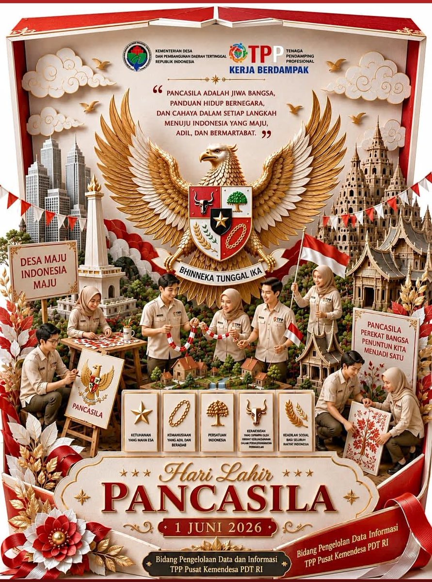 emy_marlesi's tweet photo. "Pancasila Pemersatu Bangsa, Fondasi Perdamaian Dunia"

Selamat Hari Lahir Pancasila!
Jayalah Indonesiaku!

#KemendesaPDT
#BangunDesaBangunIndonesia
#BPSDMKemendesaPDT
#BersamaTPPBangunDesa https://t.co/MHyV7IlXXX
