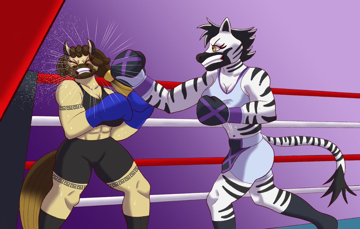 RogerRedcliffe's tweet photo. Commission for @chriseggus 

Sylvia sent a strong right hook, that make Rossie stumble to the ropes, and really close to the turnbuckle. Maybe the zebra has a plan to trap her mare opponent to the corner!!! https://t.co/BsasI9jfTO