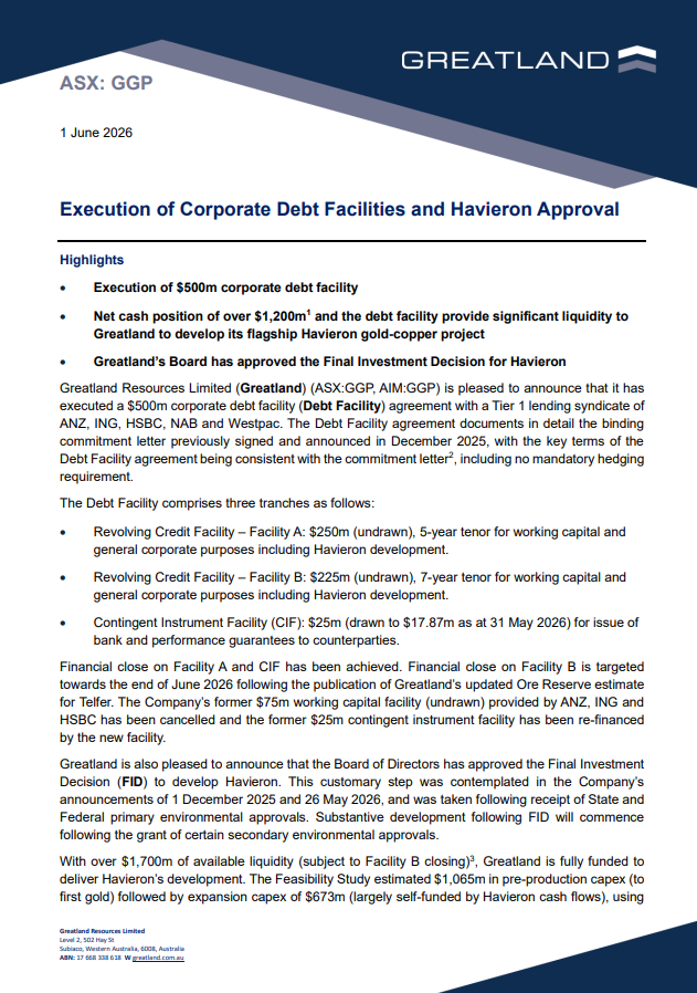 Greatland_GGP's tweet photo. The execution of a $500M corporate debt facility and approval of the Final Investment Decision for Havieron are major milestones for Greatland, supporting the development of one of Australia’s premier gold-copper projects: https://t.co/51dfOSlg8o https://t.co/9WwmqHng1j