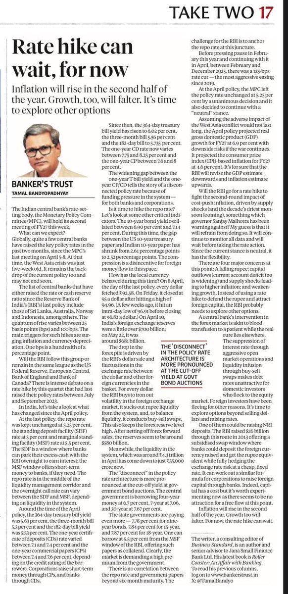TamalBandyo's tweet photo. For sure RBI will revise GDP estimate downwards & inflation upwards but rate hike may not happen this week. It’s time to explore other options. Latest #BankersTrust in @bsindia https://t.co/031ioi07MF
