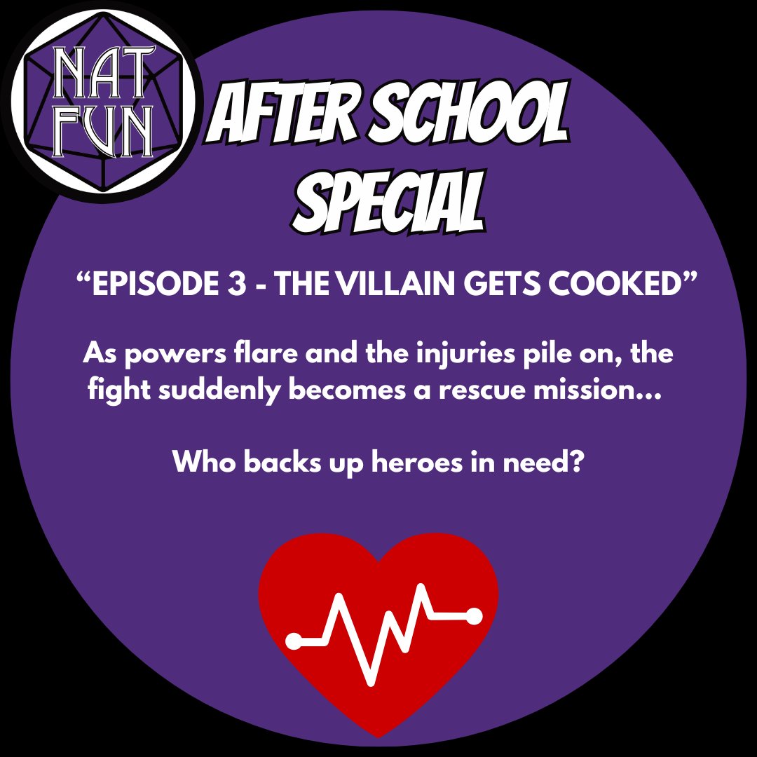 NatFunPodcast's tweet photo. After School Special - Episode 3 - "The Villain Gets Cooked"

As powers flare and the injuries pile on, the fight suddenly becomes a rescue mission... Who backs up heroes in need?

#ttrpg #podcast #masks @MagpieOfficial https://t.co/t8Ww5JM049