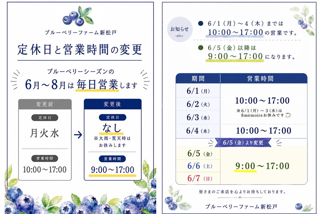 ObataFarm's tweet photo. 本日より６〜８月は直売所毎日営業❗️✨

これまで月・火・水は定休日でしたが ブルーベリーシーズン中は休まず営業します🫐
※大雨など荒天時は臨時休業☔️ ⚠️台風接近のため今週6/3(水)は休業します

朝摘みブルーベリー🫐 朝採れ枝豆🫛など夏野菜も販売中!
ブルーベリーはご予約・お取置き承ります https://t.co/pdrOtXl6Rs