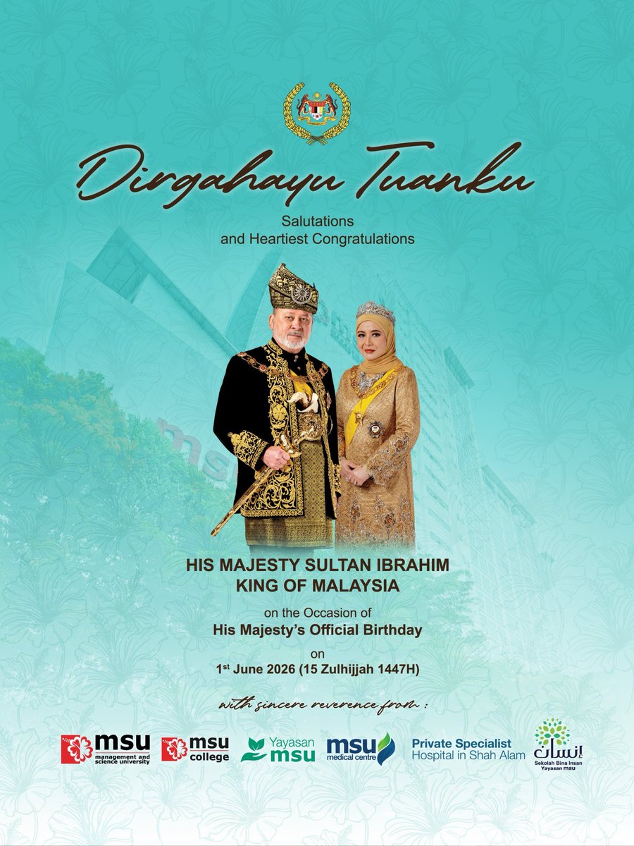 MSUsciencelab's tweet photo. DAULAT TUANKU

Salutations and heartiest congratulations to His Majesty Seri Paduka Baginda Yang di-Pertuan Agong Sultan Ibrahim Ibni Almarhum Sultan Iskandar on the occasion of His Majesty’s blessed birthday. 

#MSUmalaysia
#ScienceLab https://t.co/J7ydHNfzRW