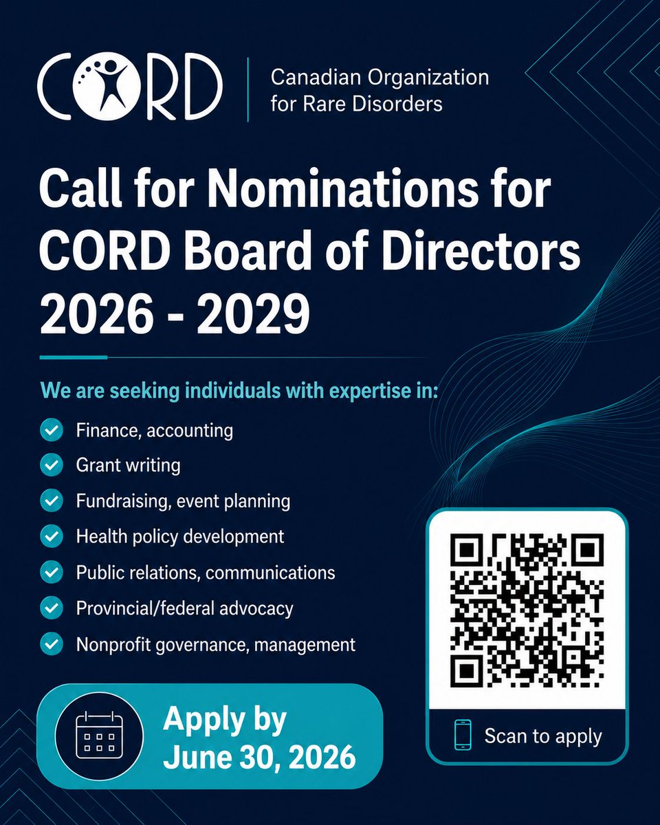 raredisorders's tweet photo. Join CORD's Board of Directors!

We're seeking passionate leaders with experience in governance, advocacy, fundraising, finance, health policy, communications, and more to help advance the rare disease community in Canada.

Apply 👉https://t.co/86J4B0zFph https://t.co/ZyAG25g430
