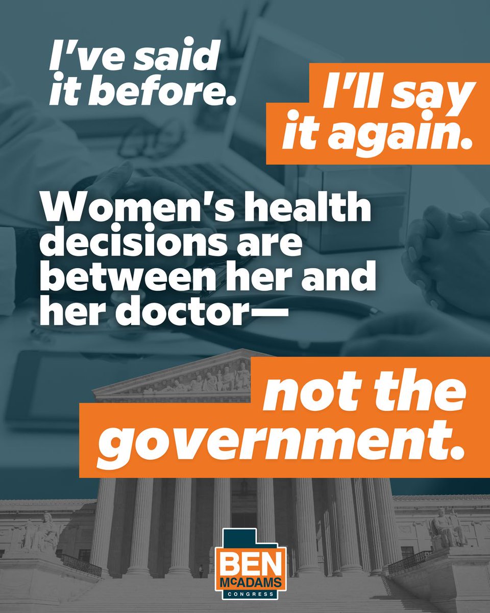 BenMcAdams's tweet photo. I believe in a woman's right to choose. There's no spin here — I always have been. I've been called "radically" pro-abortion and have been endorsed by Planned Parenthood for my pro-choice record in the State Senate.
Vote for me, and I'll keep doing what I always have done: stand up for choice, no matter what the cost.