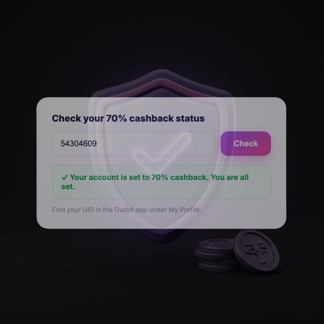Tetherboost's tweet photo. quick update.
you can now check your Ourbit cashback status directly on https://t.co/Nfzz4eCaQi

drop your UID, hit check. if it's set, you'll see it. if not, you'll know exactly why.

no more wondering if you're getting your fees back. https://t.co/BixJ063R9n