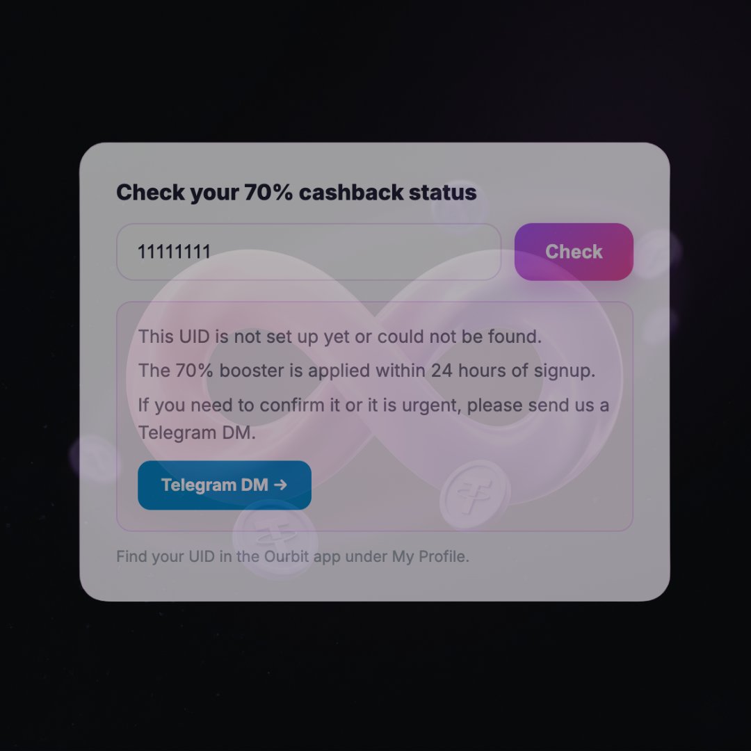 Tetherboost's tweet photo. quick update.
you can now check your Ourbit cashback status directly on https://t.co/Nfzz4eCaQi

drop your UID, hit check. if it's set, you'll see it. if not, you'll know exactly why.

no more wondering if you're getting your fees back. https://t.co/BixJ063R9n