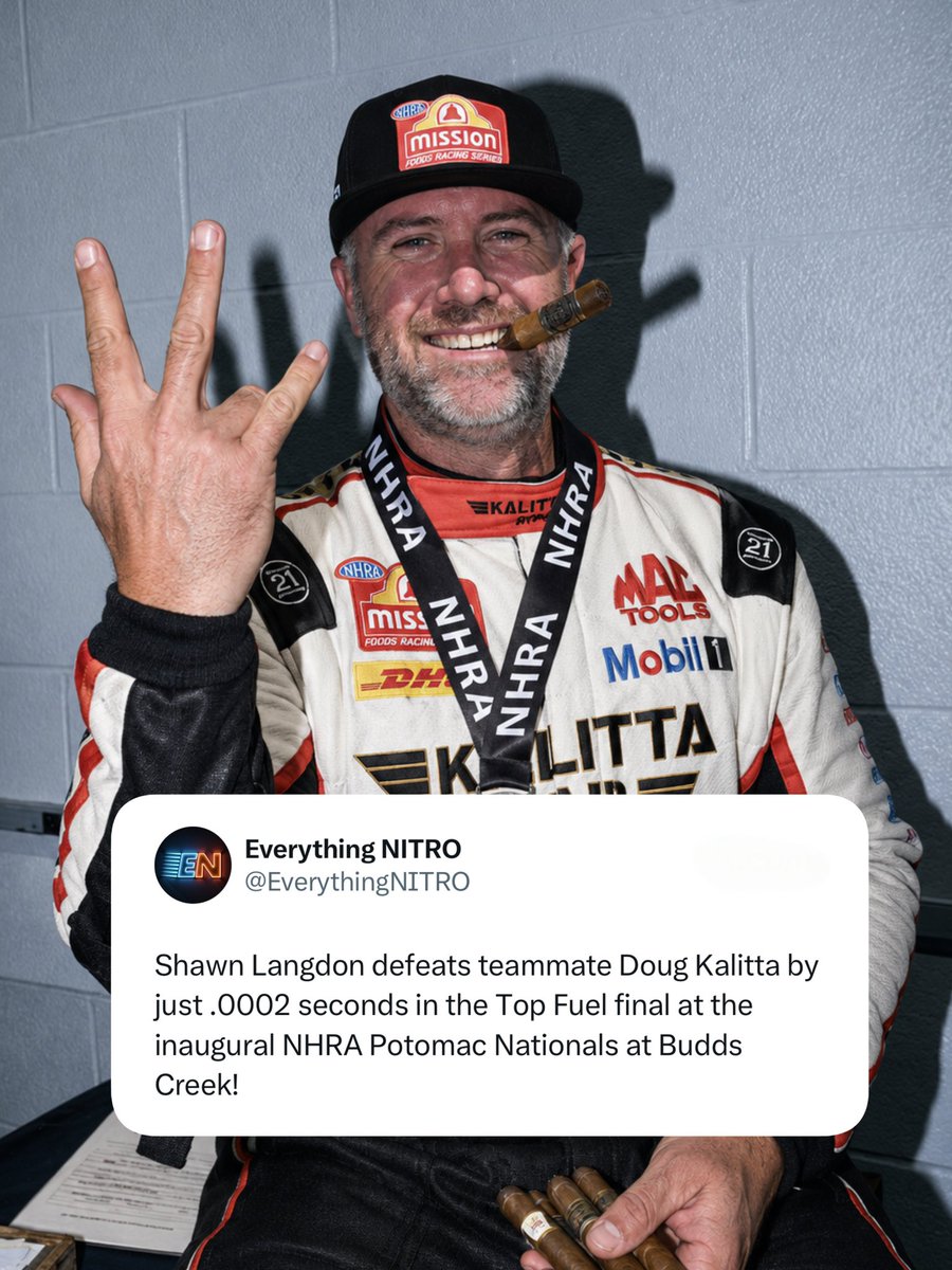 EverythingNITRO's tweet photo. Three wins in a row for Shawn Langdon, making it four wins on the season! 🏆🏁

Langdon and his Kalitta Air team are in a league of their own in the first half of the NHRA regular season, can anyone bring the fight to @TeamKalitta?

#nhramissionfoodsdragracingseries https://t.co/ZifeXvS7ke