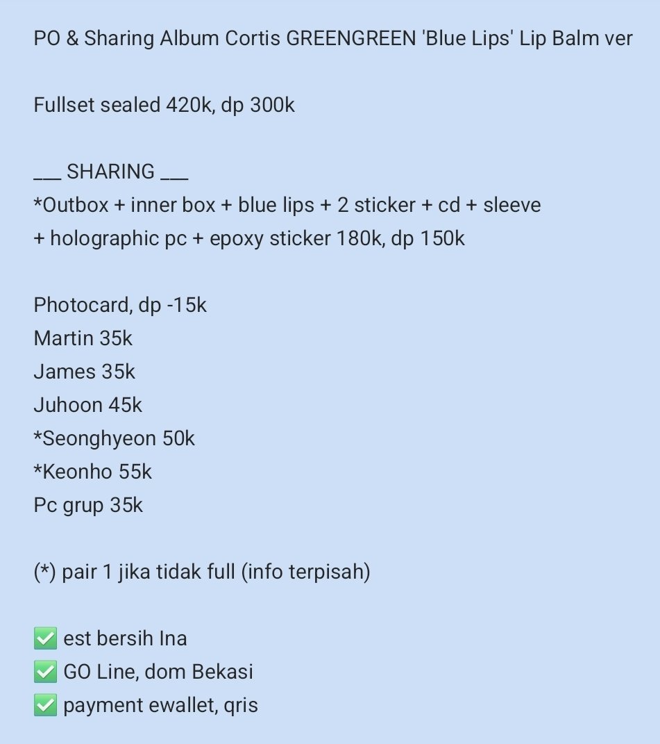 sharing_jwon's tweet photo. PO - Album CORTIS GREENGREEN 'Blue Lips' Lip Balm ver
→ https://t.co/Rh9R1JSYxm

Bookslot 50k/album, dp cicilan

✅️ est bersih Ina, berat 200g
✅️ GO Line, dom Bekasi
✅️ payment ewallet, qris

#sharing_jwonPO wts martin james juhoon seonghyeon keonho https://t.co/cQVpbuEQM1