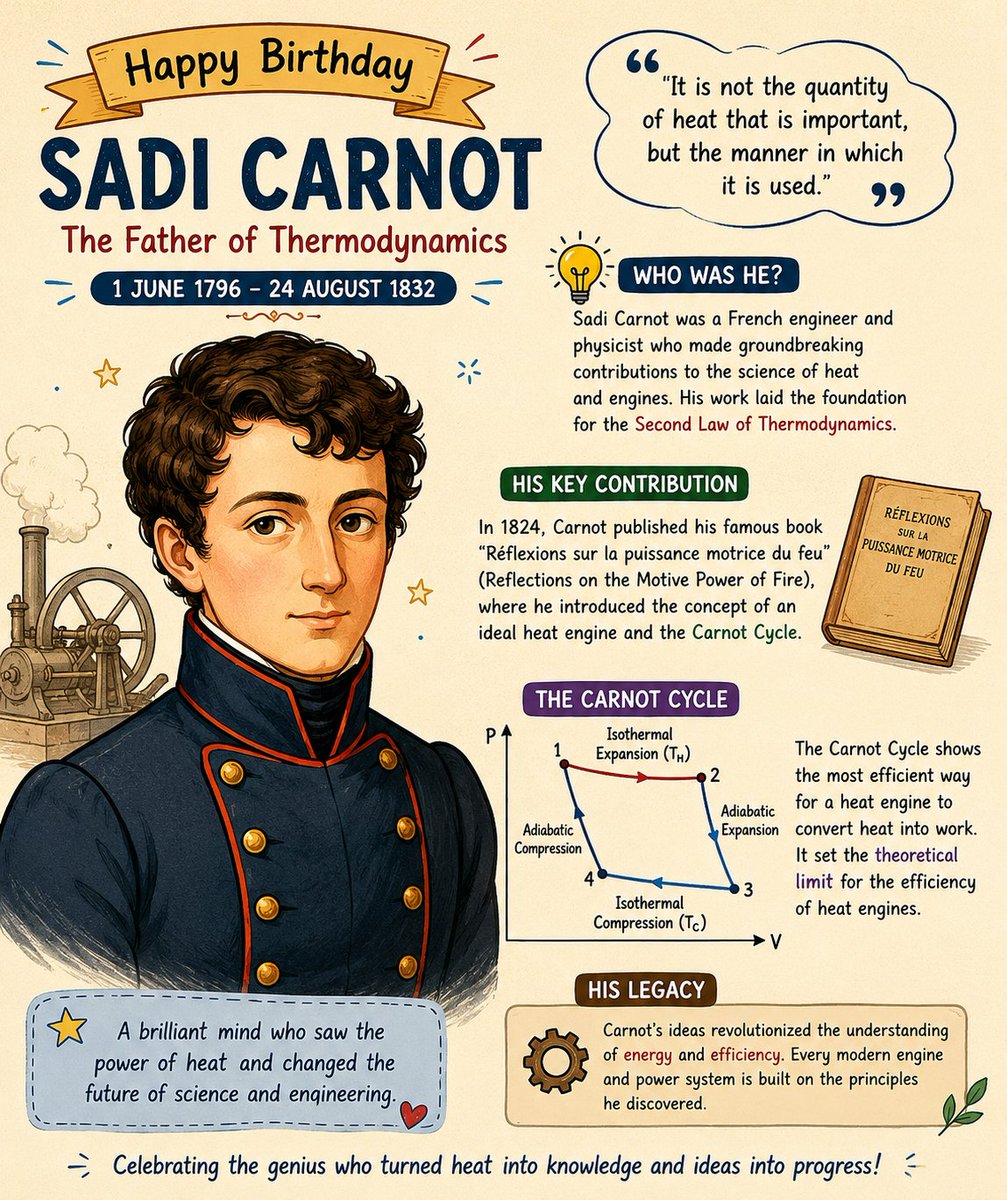 DistrictNavsari's tweet photo. 🎉 Happy Birthday to Sadi Carnot (1 June 1796) – the brilliant scientist known as the "Father of Thermodynamics"! 🔥⚙️

His groundbreaking work on heat engines and the Carnot Cycle laid the foundation for modern thermodynamics, power generation, and energy efficiency. Every power plant, engine, and refrigeration system owes something to his revolutionary ideas.

🌍 From steam engines to modern technology, Carnot's legacy continues to drive innovation and scientific progress.

🔬 Science Fact: The Carnot Cycle defines the maximum possible efficiency of any heat engine, setting a fundamental limit that engineers still use today!

#SadiCarnot #Thermodynamics #ScienceHistory #STEM #Physics #Engineering #HeatEngine #Energy #ScienceEducation #Innovation #Scientist #OnThisDay #ScienceCommunication #ScientificLegacy #ScienceForAll #LearnScience #PhysicsFacts #EngineeringMarvels #FutureScientists #Technology

@NASA @ESA @CERN @UNESCO @SciTechDaily @NewScientist @Nature @ScienceMagazine @PhysicsWorld @TheRoyalSociety