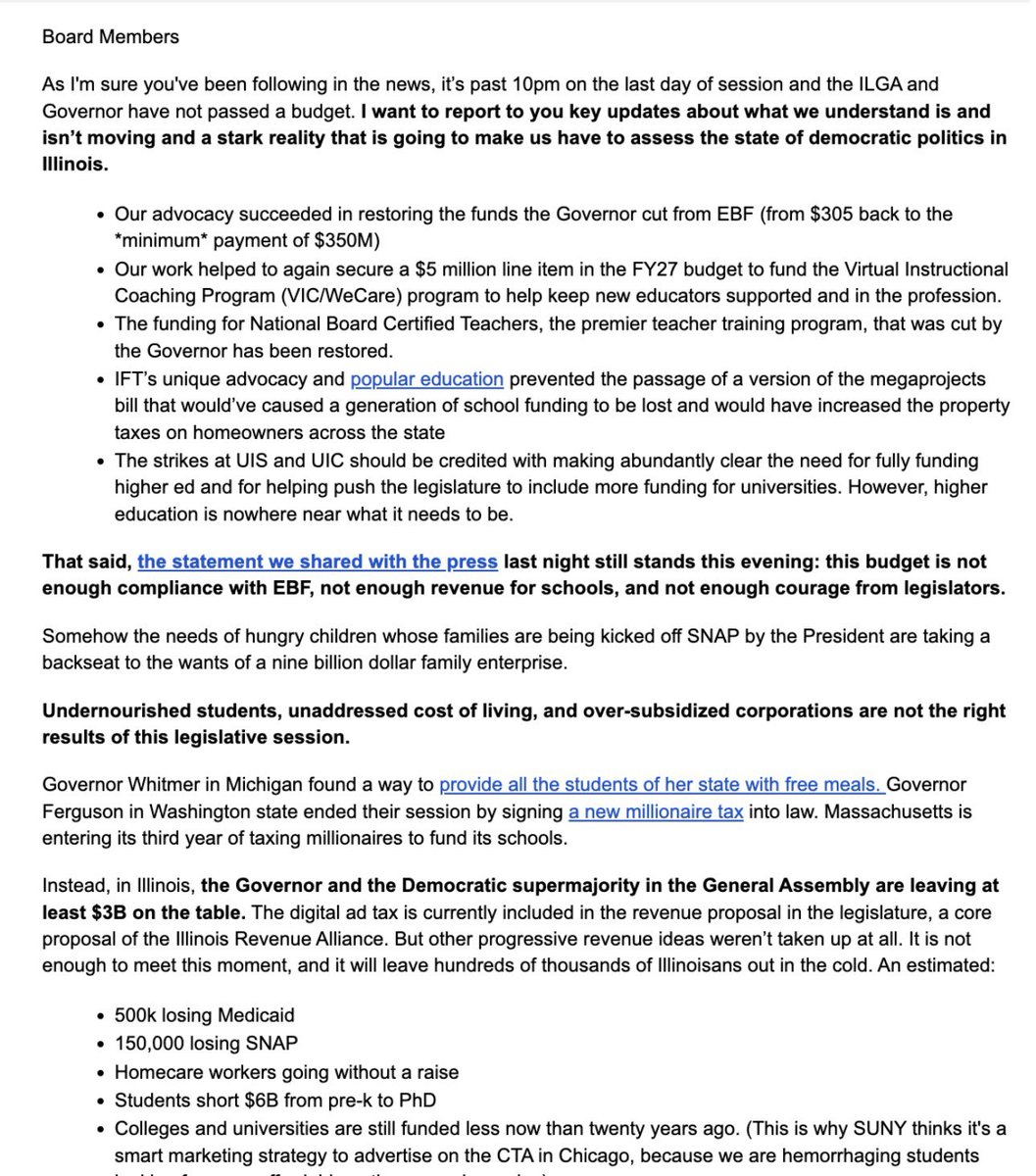 tahmanbradley's tweet photo. Despite the budget increasing K-12 education funding by $350 million, the Illinois Federation of Teachers is still unhappy.

This memo was shared with its executive board tonight. https://t.co/FMyU6qdZCM