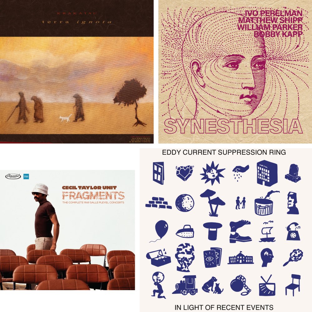 TimothyNiland's tweet photo. Recent Listening: Eddy Current Suppression Ring - In Light Of Recent Events; Ivo Perelman, Matthew Shipp, William Parker and Bobby Kapp - Synesthesia; Krakatau - Terra Ignota; Cecil Taylor - Fragments: The Complete 1969 Salle Pleyel Concerts. https://t.co/nwaRD7RayU