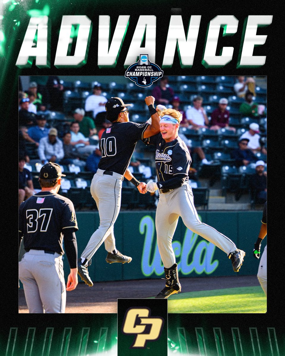 NCAABaseball's tweet photo. WHO LET THE ‘STANGS OUT?! 🐎

@CalPolyBSB defeats Saint Mary’s, 5-2, to advance to Super Regionals!

#RoadToOmaha https://t.co/CkvTpMytib