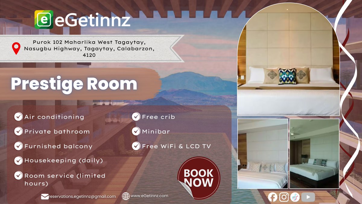 EgetinnzA58603's tweet photo. https://t.co/amg3okEZbi | Tagaytay Comfort Stay π
Prestige Room with balcony, breakfast, and space for up to 4 guestsβperfect cool-weather escape in Tagaytay. π©
π Book via https://t.co/amg3okEZbi
#eGetinnzPH #TravelWitheGetinnz #BookwitheGetinnz #TagaytayStaycation https://t.co/iqxeuNt8wL
