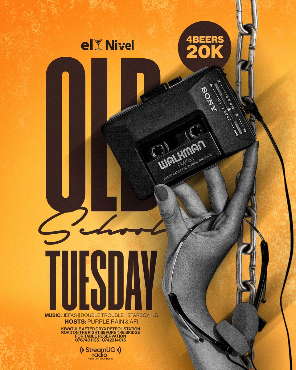 El_nivel_bar's tweet photo. If your playlist doesn't include cassette-era classics, let the experts fix that. 

​Old School Tuesday is going down at el Nivel!

Tunes by @deejayjefas, @Batsikana, @deejaystarboyug &amp; @deejay_LB_

Hosted by @SAsasiira &amp; AFI

The Big Flex: 4 Beers at 20K!

​See you there... https://t.co/SrBr2Z9XjC