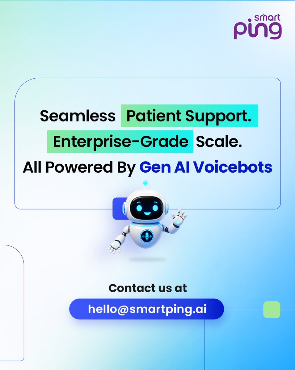 smartpingindia's tweet photo. Modern patient care needs modern support.

Gen #AI Voicebots help healthcare organizations reduce support bottlenecks, automate workflows, and deliver faster, seamless patient assistance at scale.

#Smartping powers human-like #healthcare conversations.

hello@smartping.ai https://t.co/nDEuVdYX3h