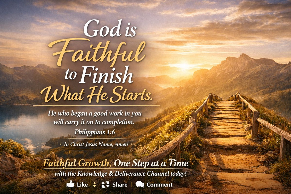God_knowledge1's tweet photo. 🌟 Daily Devotion – God’s Faithful Work 🌟
📖 Philippians 1:6 – “He who began a good work in you will carry it on to completion until the day of Christ Jesus.”

Happy New Month, beloved! 🎉 As we step into June, let this truth anchor your heart: God never abandons His projects. You are His workmanship, and the One who started your journey of salvation will surely finish it. Your growth in Christ isn’t sustained by your own strength but by His unfailing grace.

When you stumble, remember—His mercy doesn’t quit. His faithfulness is the guarantee of your transformation. Trust Him, lean on Him, and rejoice that your story is secure in Christ.

🙏 Prayer:  
Father, thank You for beginning a good work in me. Strengthen my faith to trust Your process, even when I feel weak. Let Your grace carry me, and may my life reflect Your glory. In Christ Jesus Name. Amen.

✨ Takeaway:  
Step boldly into this new month knowing that your destiny is not fragile—it rests in the hands of a faithful God who never fails.

👍 Like • 🔁 Share • 💬 Comment
And help someone discover the 📖 Knowledge & Deliverance Channel today.

#pastorjerryeze #FaithInChrist #WalkWithGod #BibleTruth #ChristianLiving #ObedienceToGod #DailyDevotion #KingdomLife #JesusIsLord #SpiritLed #FaithJourney
#ChristianTwitter #GospelMessage #BibleTeacher #KnowledgeAndDeliverance #FaithCommunity #JesusFollowers #EncouragementDaily #ChristianContent #FaithBuilders #LightInDarkness #pastorbolajiidowu #PastorElvis #HappyNewMonthfans