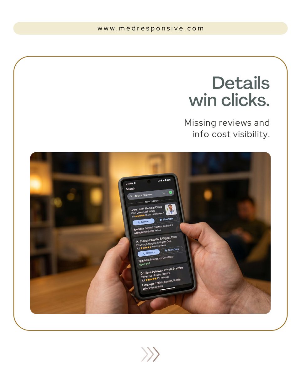 med_responsive's tweet photo. Patients search first, choose second. If your clinic isn’t visible, they move on. Healthcare SEO services at MedResponsive makes your practice discoverable, fast, and trustworthy — turning searches into appointments.

#HealthcareSEO #HealthcareDigitalMarketing #MedicalMarketing https://t.co/Z6JYAUX2jh