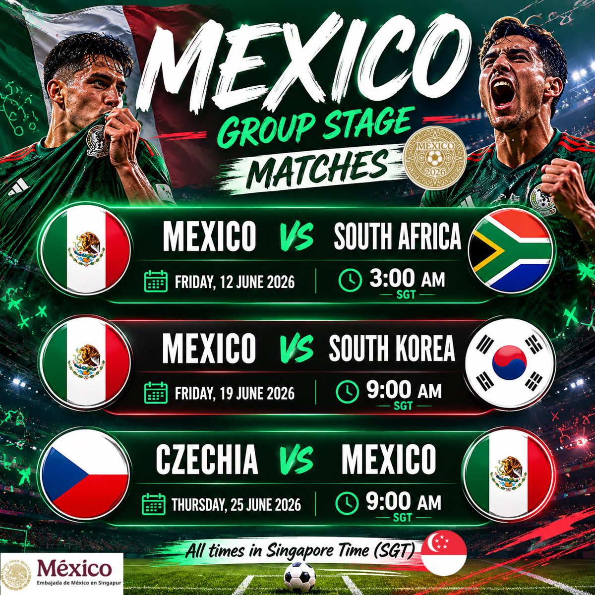EmbaMexSing's tweet photo. A muy pocos días del inicio de la Copa del Mundo ⚽️🔥

Compartimos los horarios de los partidos de México en la fase de grupos, en hora de Singapur 🇸🇬⏰

Desde cualquier lugar y en cualquier horario, es momento de apoyar a nuestra selección 🇲🇽🤝 https://t.co/jCGRrBDS3V