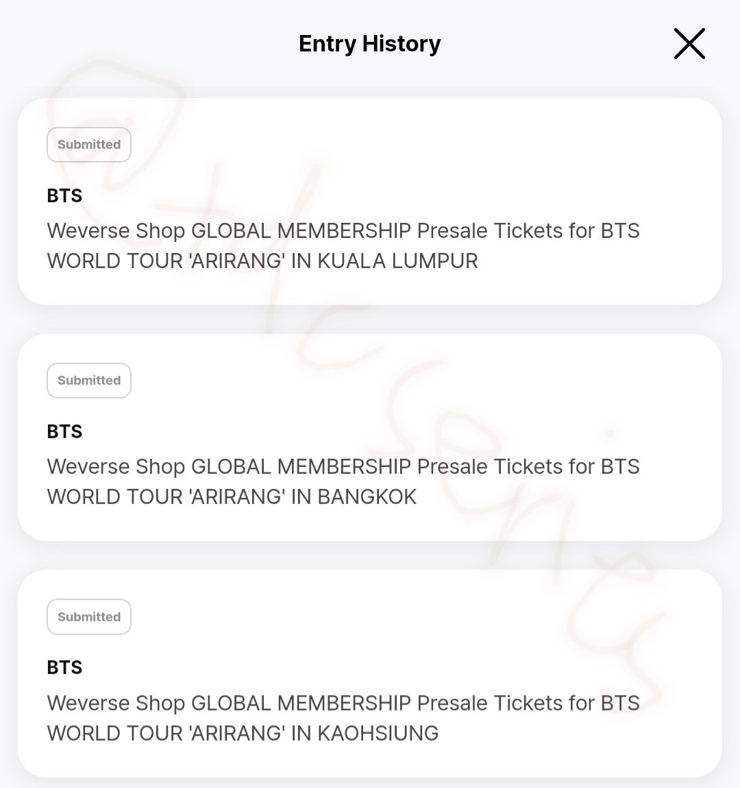 tdcseries's tweet photo. wts wtr rent bts world tour arirang asia leg army membership presale code 

💸 500PHP / 9USD / 11 SGD | 260 NTD |

hk ✅
melbourne &amp; sydney ✅ 
jakarta ✅
singapore ✅
kuala lumpur ✅
bangkok ✅
kaohsiung ✅
bulacan ❌️

# membership army https://t.co/dXhZLkfDkC