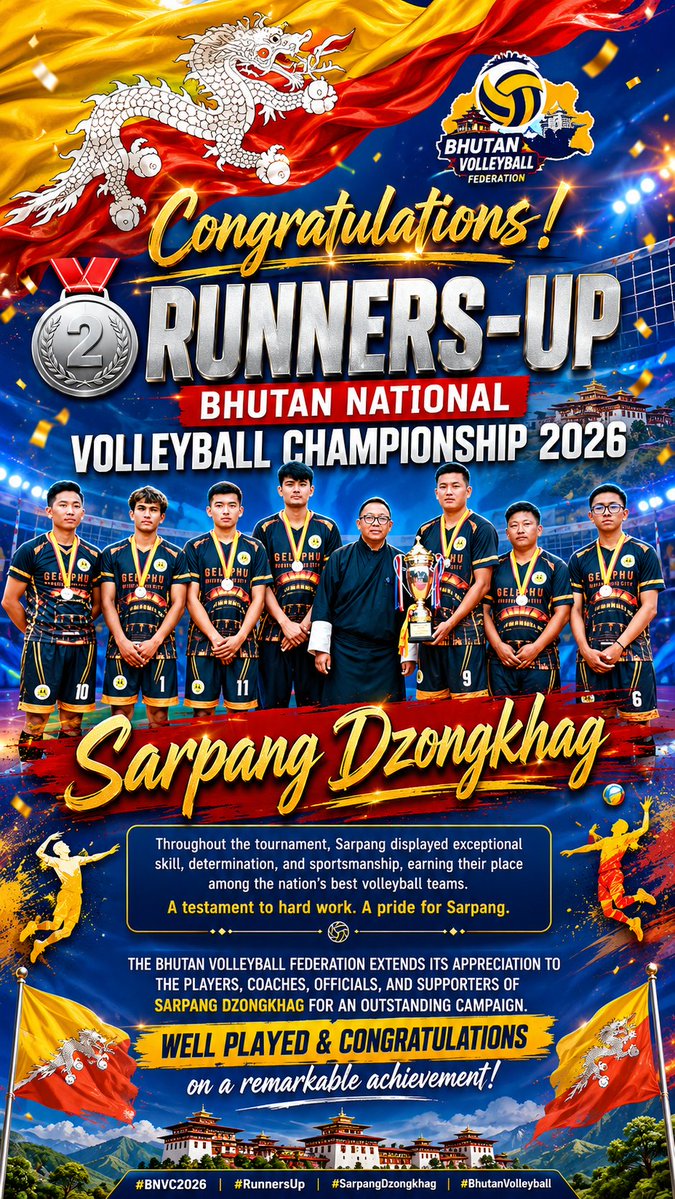 InsightBhutan's tweet photo. 🥈🇧🇹 Sarpang Dzongkhag fought with heart, passion &amp; pride! 💪🏐 A brilliant runners-up finish at #BNVC2026. The journey inspires a nation! 👏🔥 #BhutanVolleyball #Sarpang #SportsPride https://t.co/re9Q7erSfG