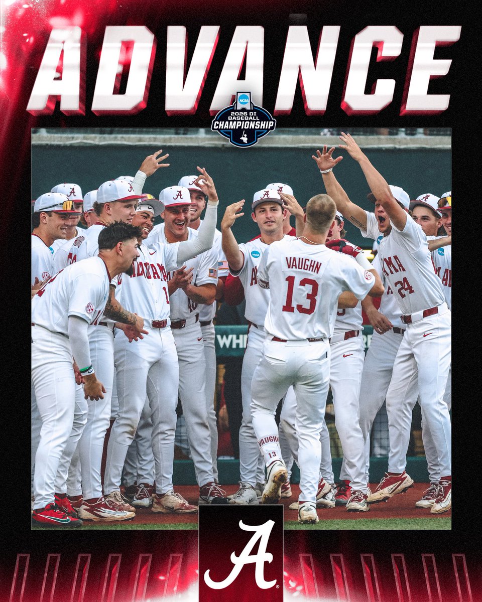 NCAABaseball's tweet photo. TIDE = ROLLED 🔴

(8) @AlabamaBSB defeats Oklahoma State, 9-7, to advance to Super Regionals!

#RoadToOmaha https://t.co/Y0vh2rpDVh