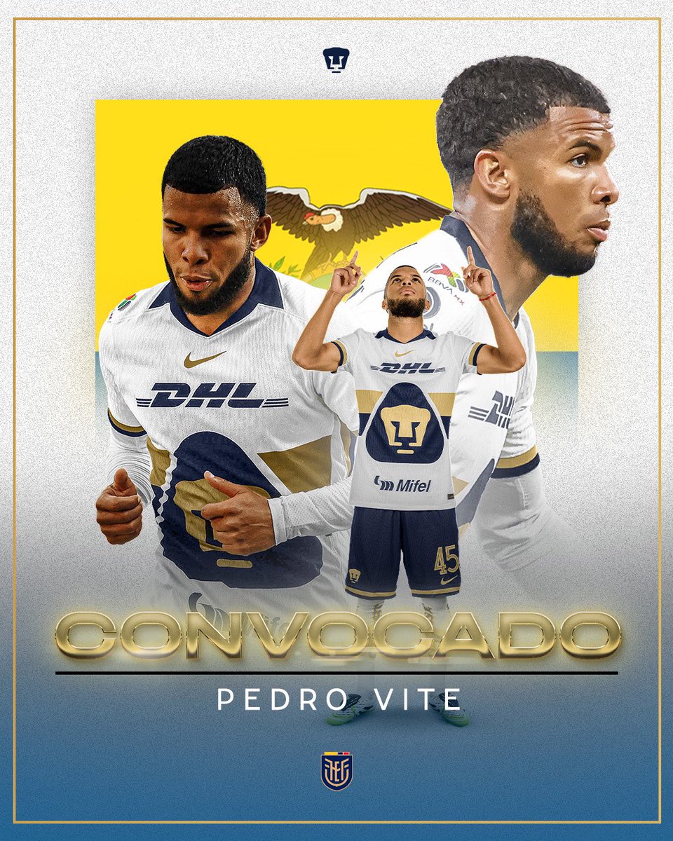 PumasMX's tweet photo. 🇪🇨 Pedro Vite fue convocado por @LaTri para disputar la @FIFAWorldCup 2026 y representar a su país en el escenario más importante del futbol internacional. 🌎🏆

🐾 ¡Enhorabuena, Pedro! Que tu garra universitaria brille ante el mundo. 💙💛

#UnidosPorLaHistoria https://t.co/gsaAWAkDrZ