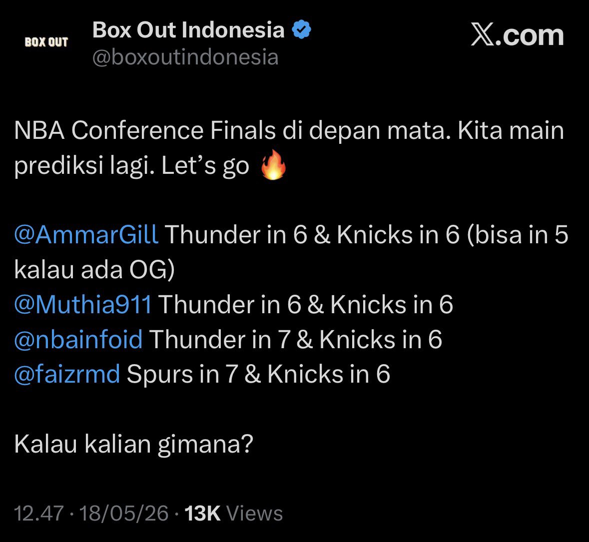 boxoutindonesia's tweet photo. Betul ini prediksi kami sebelum conference finals. @faizrmd yang tepat di Spurs in 7.

Twitnya masih ada tapi memang ga dibikin dalam bentuk grafis https://t.co/70PSjXmkIV
