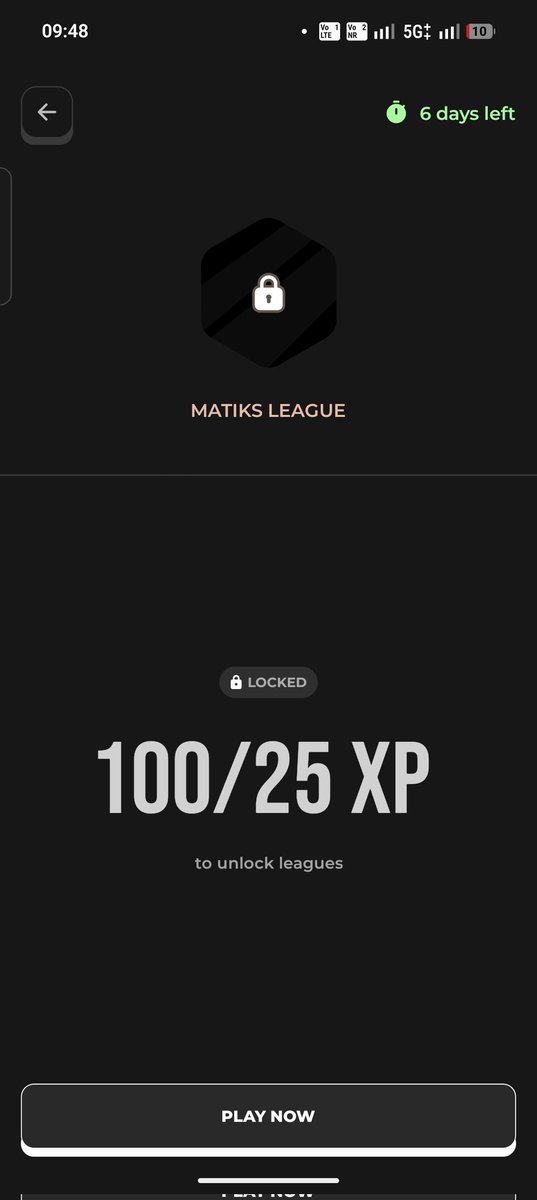 rxzwxn's tweet photo. @MatiksHQ ??  Looks like there's a bug with league unlock progression. I've already crossed the required XP threshold (100/25 XP shown), but the league is still locked and not unlocking as expected. https://t.co/c1SUXM3eR5