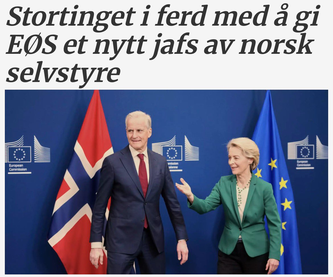 MlleMalin's tweet photo. I grunnloven er det forbud mot å gi utenlandske organer direkte makt til å foreta undersøkelser og bøtelegge norske virksomheter. Da trodde du kanskje det ville kreves 3/4 flertall i Stortinget for å si ja til noe slikt? Neida, simpelt flertall og kjør! Fordi noen har sagt det er "lite inngripende"...

Si det til alle kommuner som trodde de kunne bruke lokal arbeidskraft eller lokale anlegg i jobber verdt over 100.000 kr. Da får de ESA direkte på nakken som kan gi dem bot. Og vil de anke er det ikke tingretten de må henvende seg til, men EFTA-domstolenni Luxembourg...