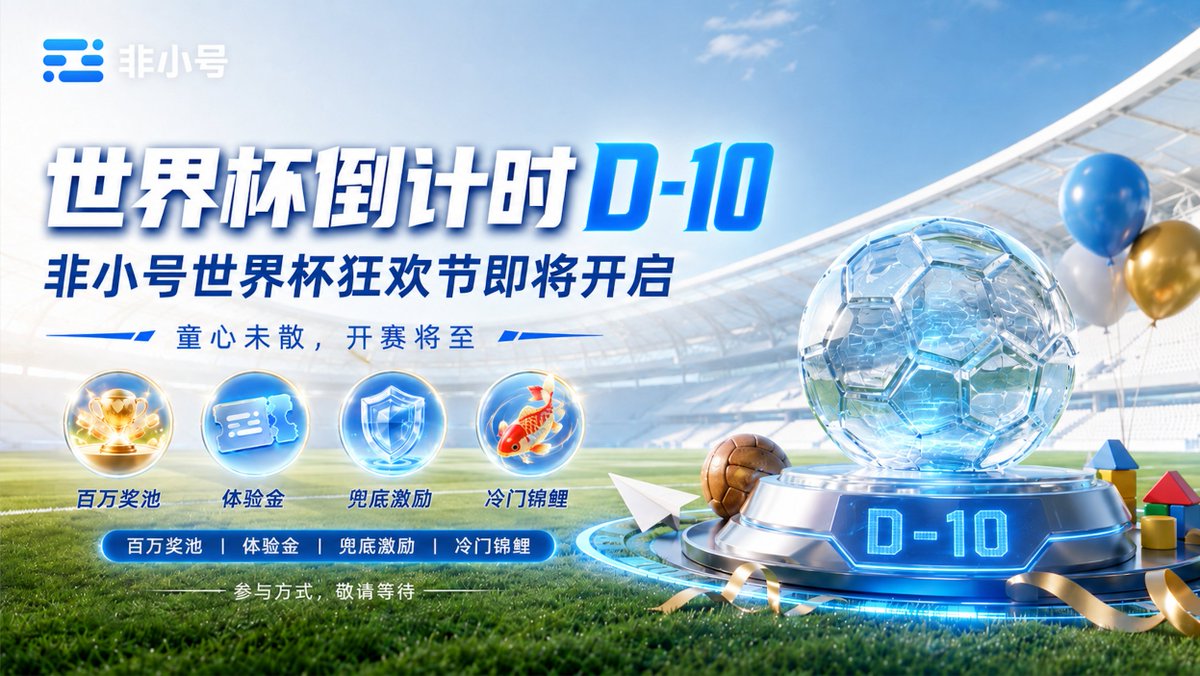 fxh_crypto's tweet photo. 🎈今天是六一，也是世界杯倒计时 D-10

小时候等一场球赛
长大后等一场世界杯

2026 世界杯将在 6 月 11 日开赛
非小号（https://t.co/UyshfVIjf9）世界杯狂欢节也即将开启

百万奖池｜体验金｜兜底激励｜冷门锦鲤
线上预测，线下观赛🍺

参与方式，敬请等待

#世界杯狂欢节 #非小号 #WorldCup2026 #预测市场