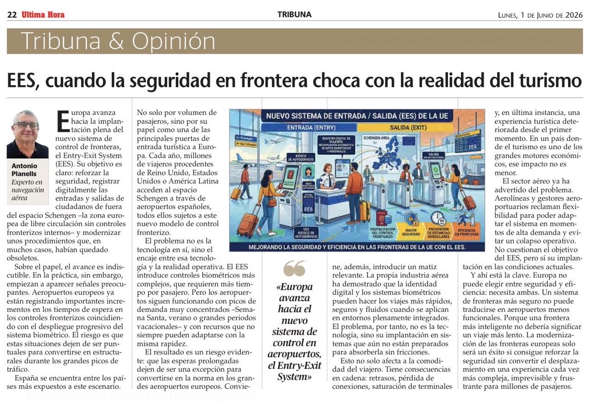 aplanells66's tweet photo. ✈️ ¿Puede una frontera más segura acabar haciendo los viajes más lentos? El despliegue del sistema EES en Europa abre un debate necesario sobre cómo compatibilizar seguridad, tecnología y experiencia del pasajero. 🌍🛂🔐

#EES #Schengen #Turismo #Aviación #ExperienciaDelPasajero https://t.co/KZMO7fKpPL