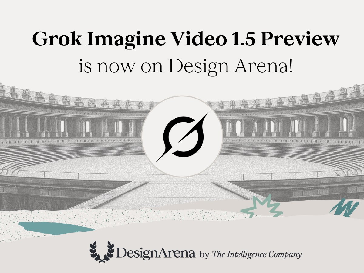 Designarena's tweet photo. Grok Imagine Video 1.5 Preview is now available on Design Arena! 

@xai's most advanced image-to-video model, delivering
 improvements to audio, video quality, and realism. 

Big congrats to the @xai team on the launch! https://t.co/vRHTcbXNIA