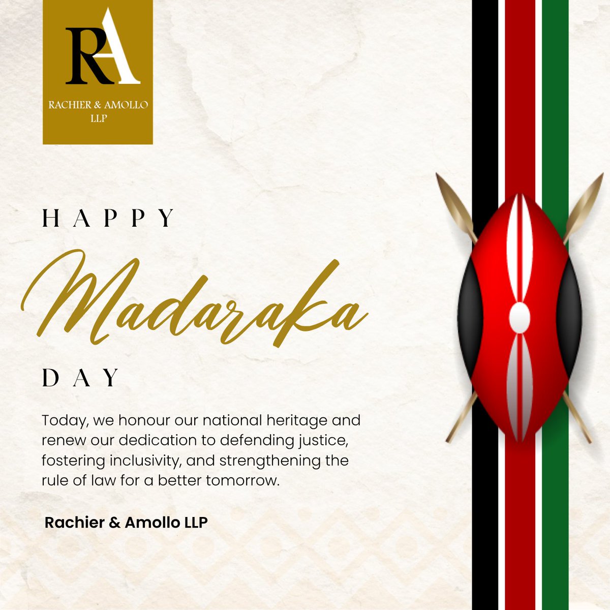 RachierAdvs's tweet photo. Today, we honour our national heritage and renew our dedication to defending justice, fostering inclusivity, and strengthening the rule of law for a better tomorrow.
@OAmollo, @wakwayakevin
#RachierAndAmolloLLP #MadarakaDay #JusticeAndUnity https://t.co/EdyHSehPMS