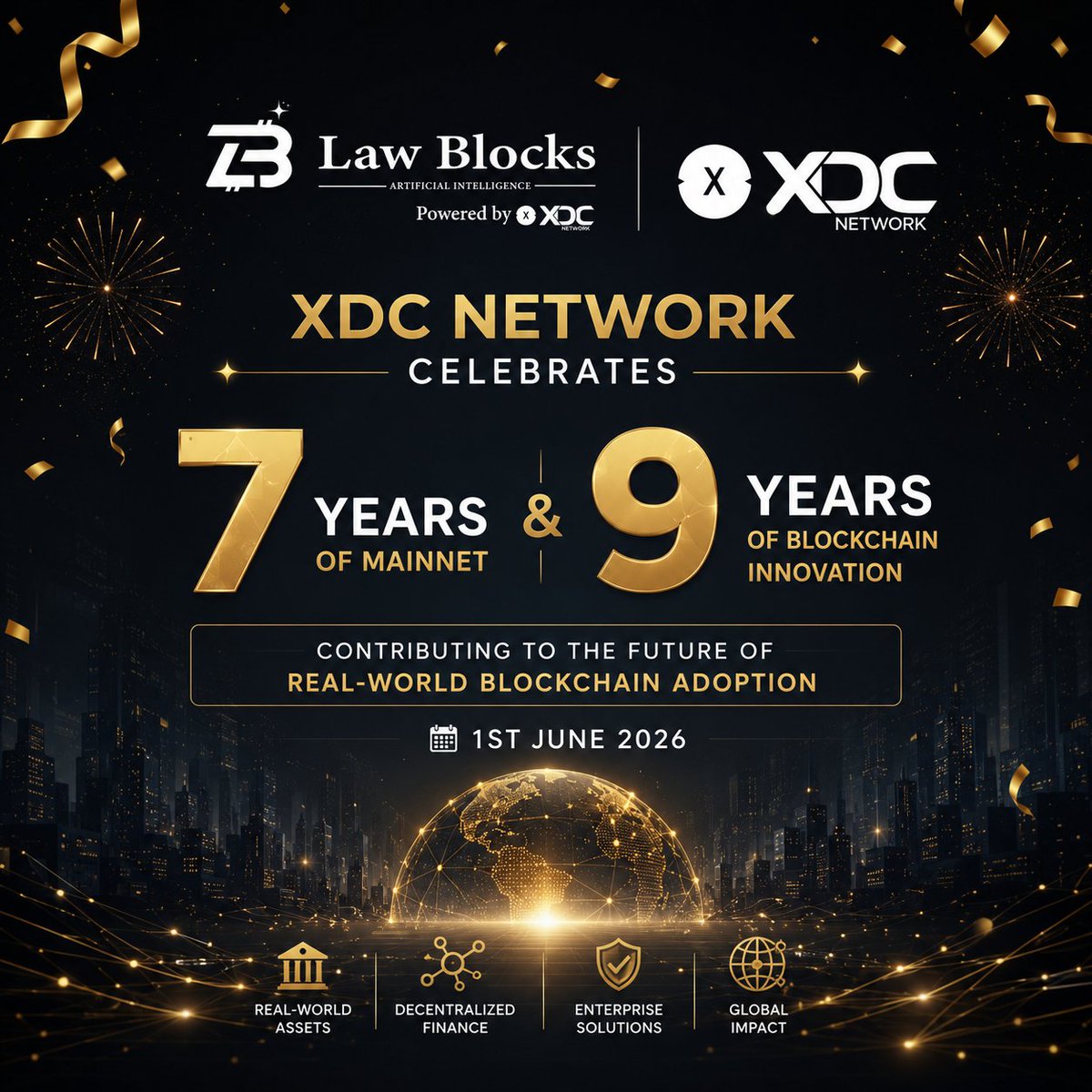 LawBlocksAI's tweet photo. Congratulations to XDC Network on a landmark milestone: 7 Years of Mainnet and 9 Years of Blockchain Innovation!

From a bold vision in 2017 to becoming one of the most trusted enterprise-grade blockchain networks in the world, XDC Network has consistently pushed the boundaries of what's possible bridging the gap between blockchain technology and real-world financial infrastructure.

At Law Blocks AI, we are proud to be built on the XDC Network, a chain that shares our belief that blockchain must serve real people, solve real problems, and power real economies.

Here's to what XDC has achieved:
A) 7 years of a battle-tested, high-performance mainnet
B) 9 years of relentless innovation in blockchain technology
C) Pioneering Real-World Asset (RWA) tokenization and trade finance
D) Building the infrastructure for the next generation of finance and law

As we celebrate June 1st, 2026, we look forward to continuing this journey together transforming the legal industry through AI and blockchain, powered by XDC Network.

Here's to the next 7 years and beyond. 

#XDCNetwork #XDC #LawBlocksAI #Blockchain #7Years #RealWorldAssets #Web3 #BlockchainAnniversary #LegalTech #AI #Congratulations
@riteshkakkad  @atulkhekade  @XDCNetwork @XDC_Labs @XDCInnovLabs @lawblockstoken @BaphanaAshish @Hitomi__Ikeda @StorXNetwork