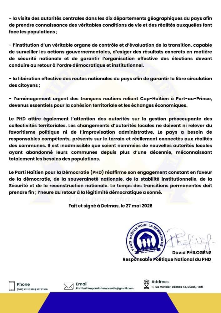Partihaitiend's tweet photo. Le PHDtient à exprimer, face aux multiples spéculations et manœuvres politiques visant à préparer une nouvelle transition après le 7 juin 2026, sa profonde inquiétude et sa ferme opposition à toute tentative de perpétuation du cycle infernal des transitions sans élections.... https://t.co/OIdtVfu25B