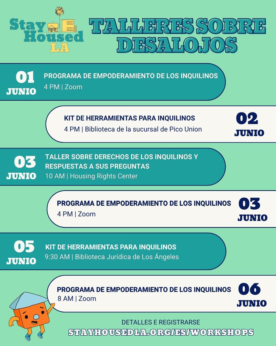 stayhousedla's tweet photo. ¡Resumen semanal de talleres! Los talleres «Conozca sus derechos» están abiertos a todos los inquilinos. Los talleres sobre desalojo están dirigidos a inquilinos que se enfrentan a un desalojo. Visita https://t.co/BvgMPp6Tct para obtener más información y registrarse. https://t.co/44l2p3VFBN